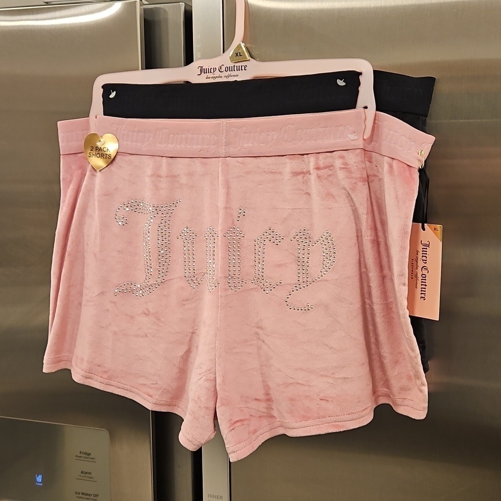 💕JUICY COUTURE💕 2 Pack Velour PJ Shorts Set 90s Pink & Black Bedazzled XL NWT